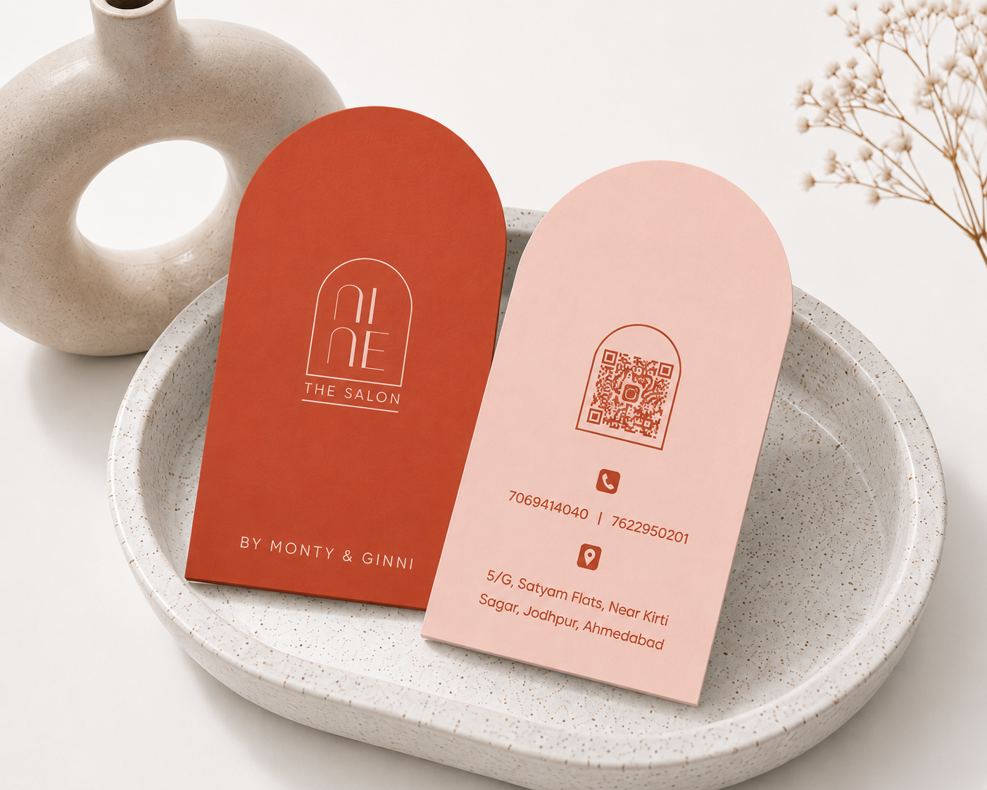 Nine The Salon arched visiting cards on a ceramic tray